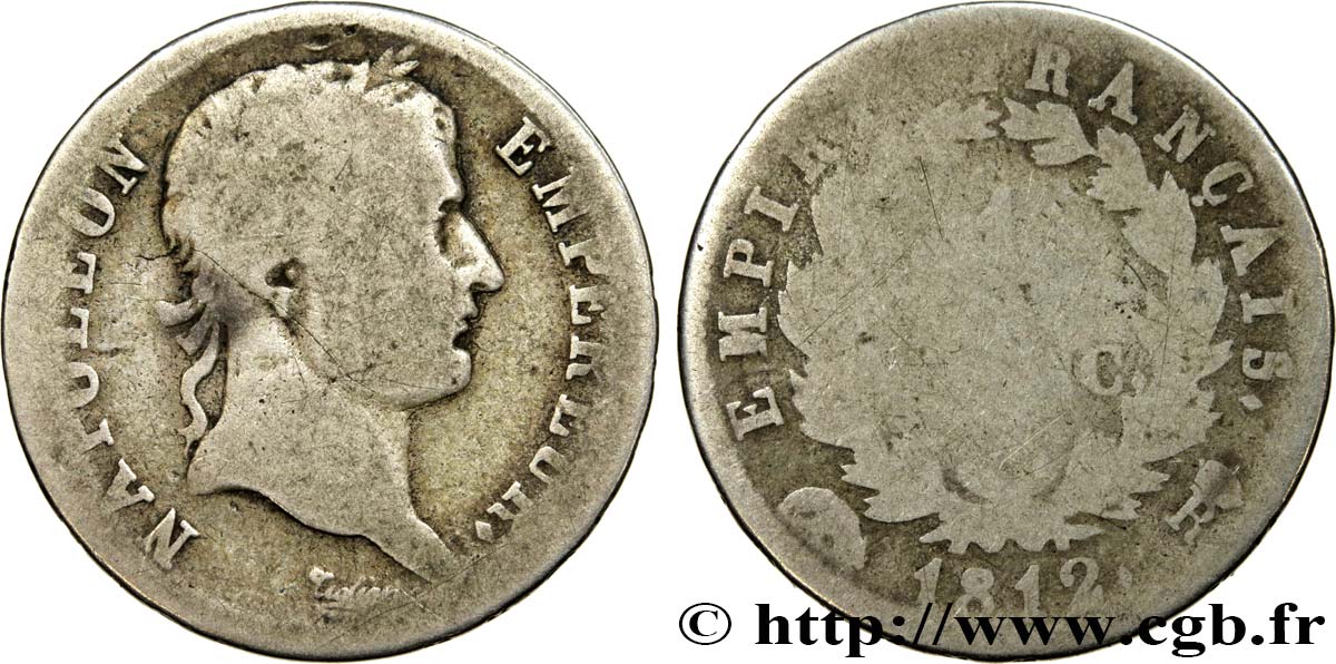 1 franc Napoléon Ier tête laurée, Empire français 1812 Rome F.205/53 SGE6 