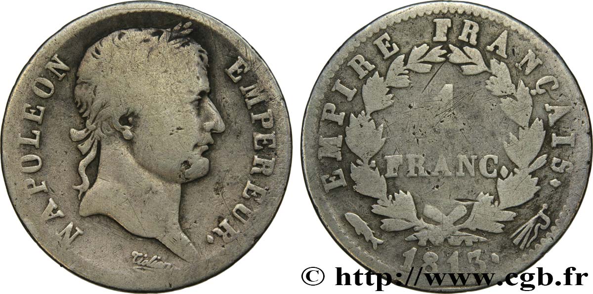 1 franc Napoléon Ier tête laurée, Empire français 1813 Utrecht F.205/72 F12 