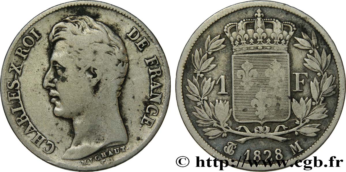 1 franc Charles X, matrice du revers à cinq feuilles 1828 Toulouse F.207/45 TB25 