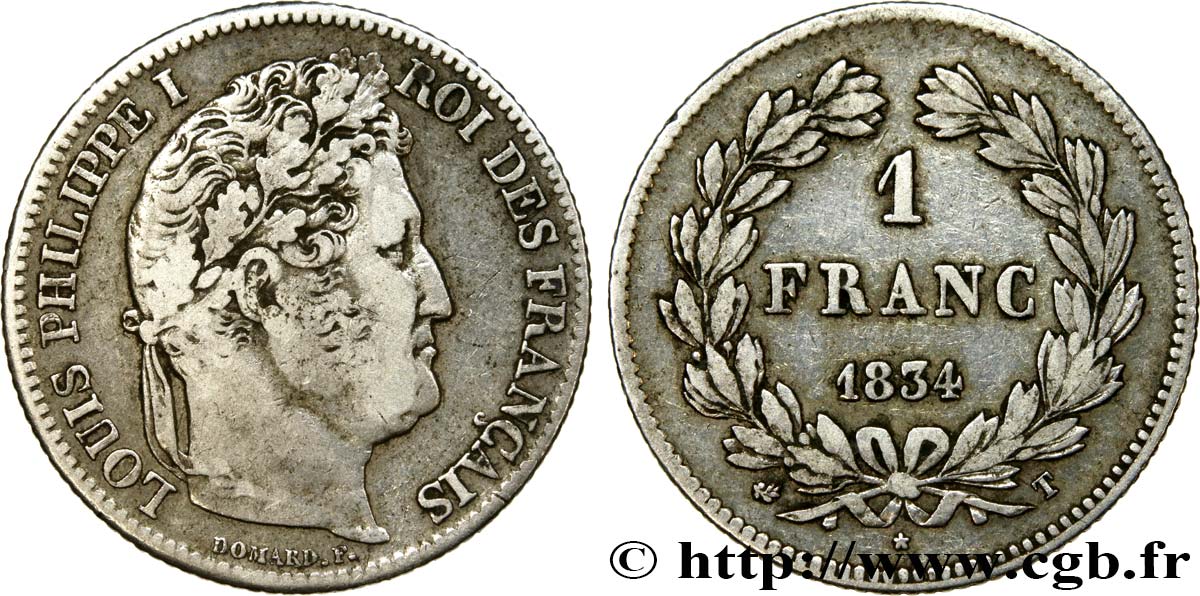1 franc Louis-Philippe, couronne de chêne 1834 Nantes F.210/38 TB30 