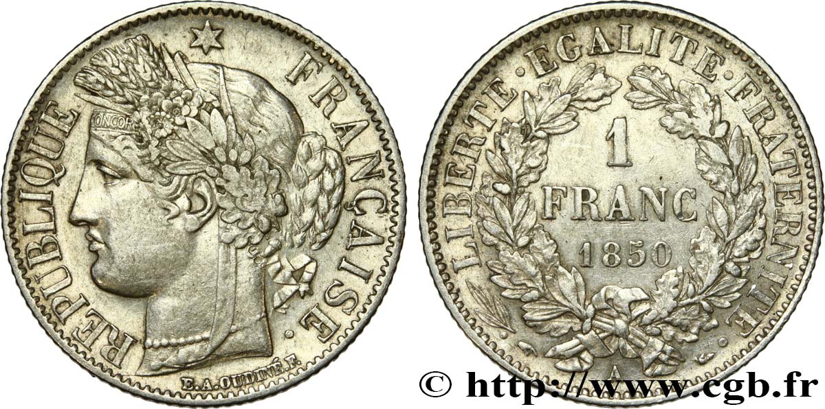 1 franc Cérès, IIe République 1850 Paris F.211/4 AU52 