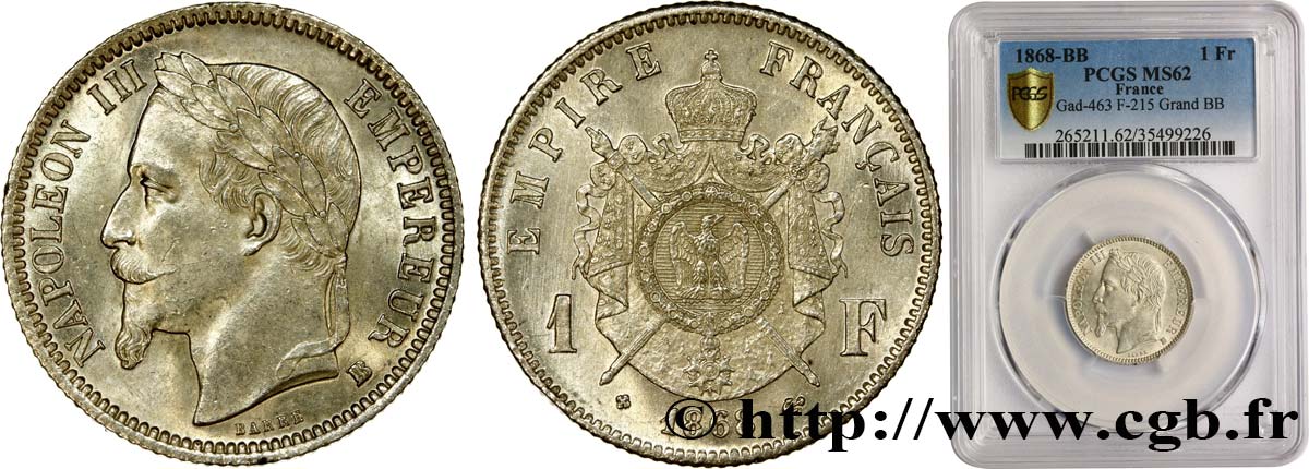 1 franc Napoléon III, tête laurée 1868 Strasbourg F.215/12 VZ62 PCGS