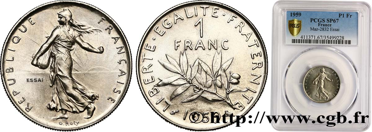 Essai de 1 franc Semeuse, nickel 1959 Paris F.226/3 ST67 PCGS