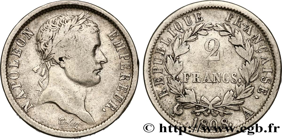 2 francs Napoléon Ier tête laurée, République française 1808 Paris F.254/4 TB25 