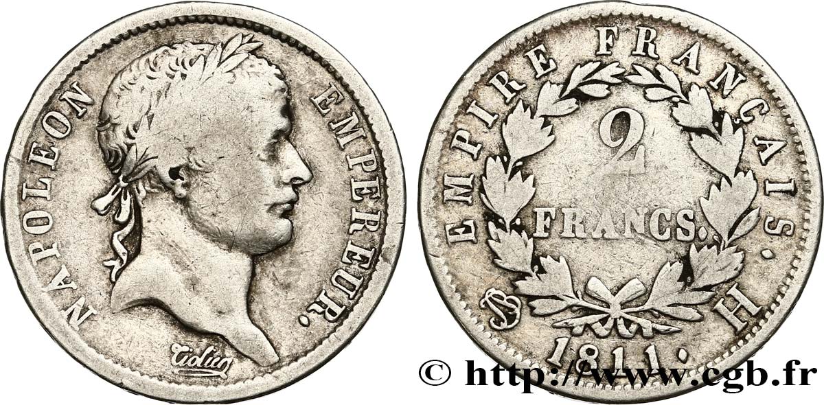 2 francs Napoléon Ier tête laurée, Empire français 1811 La Rochelle F.255/28 BC20 