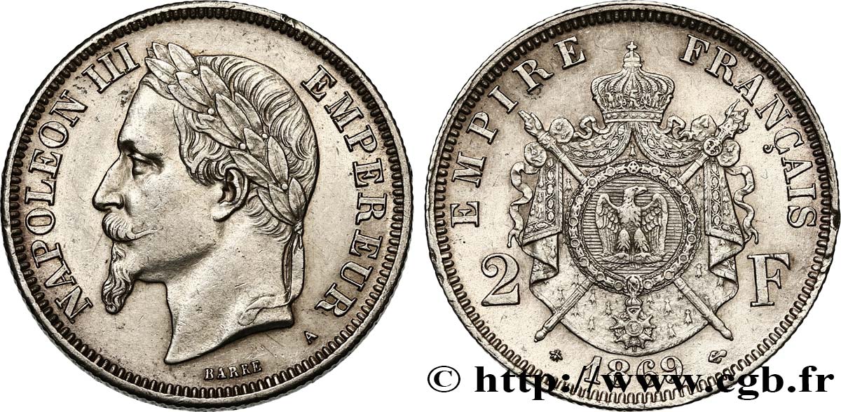 2 francs Napoléon III, tête laurée  1869 Paris F.263/10 MBC+ 