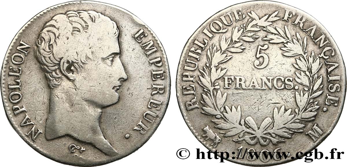 5 francs Napoléon Empereur, Calendrier grégorien 1806 Toulouse F.304/8 VF25 