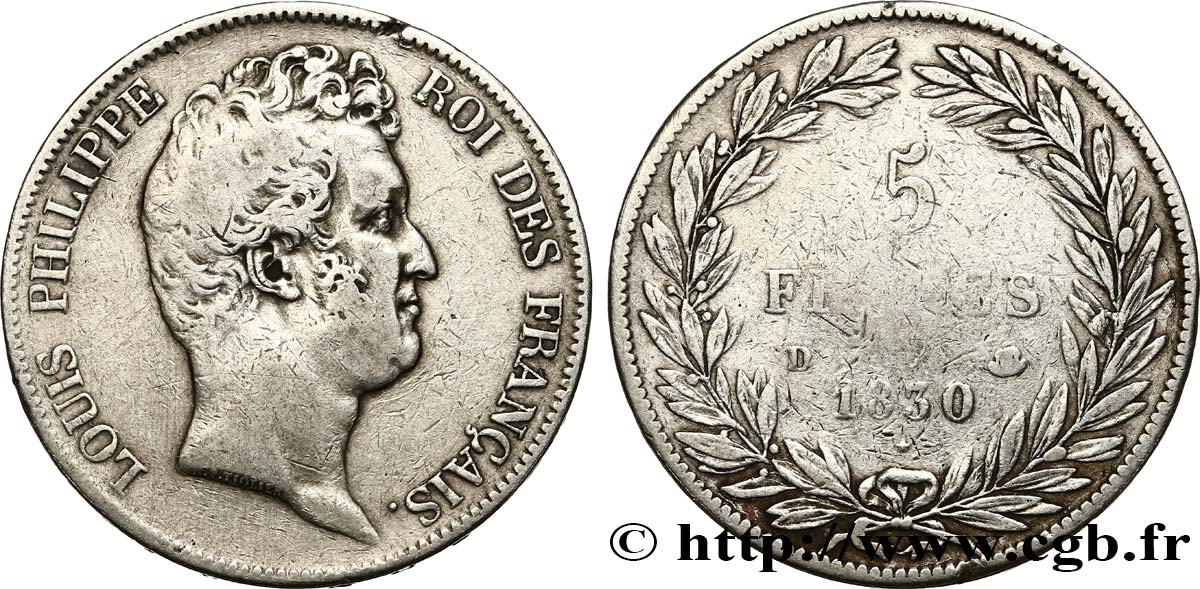 5 francs type Tiolier sans le I, tranche en creux 1830 Lyon F.313/3 BC20 