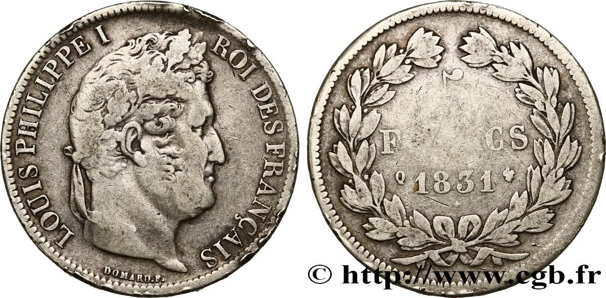 5 francs Ier type Domard, tranche en relief 1831 Perpignan F.320/11 S20 