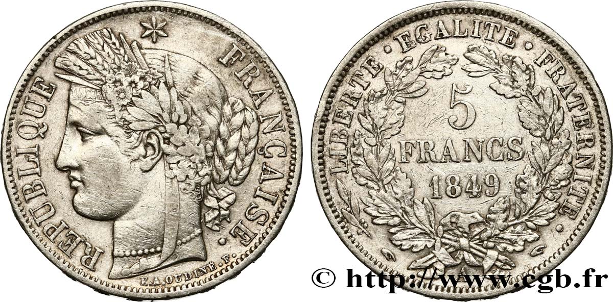 5 francs Cérès, IIe République, Main/Main 1849 Paris F.327/2 VF 