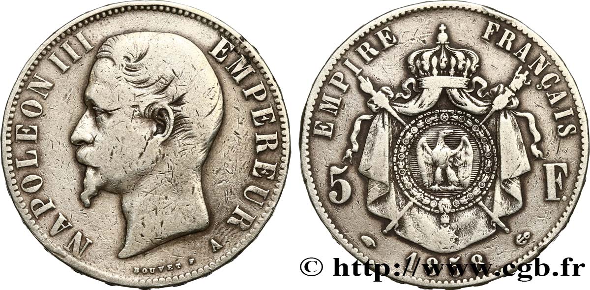 5 francs Napoléon III, tête nue 1858 Paris F.330/11 VF20 
