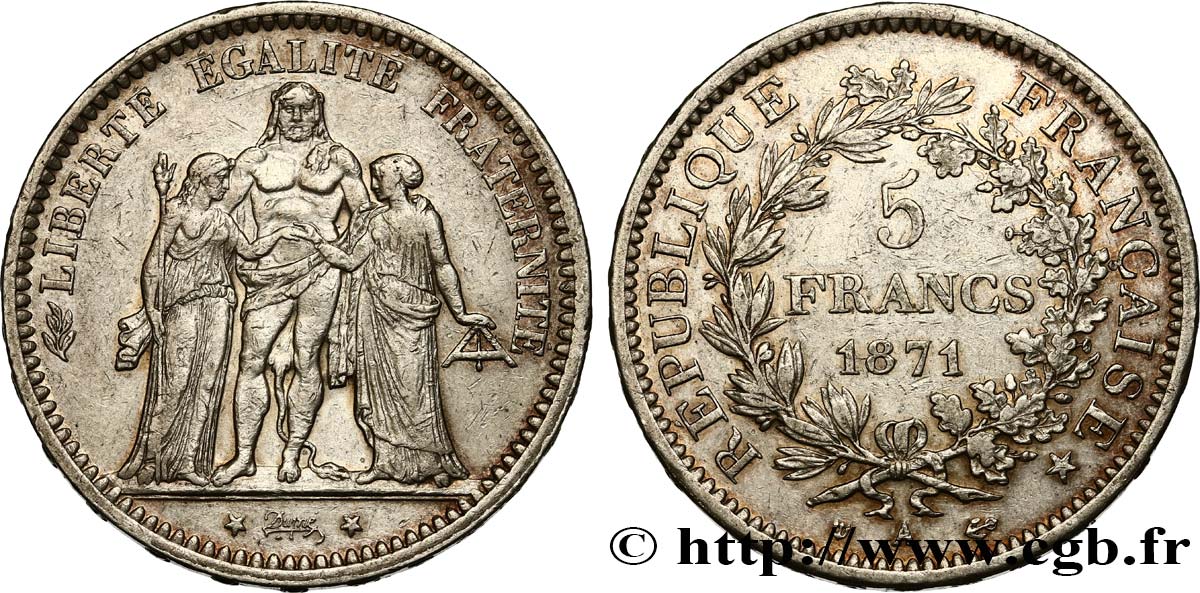 5 francs Hercule, dite “Camélinat” 1871 Paris F.334/3 XF40 