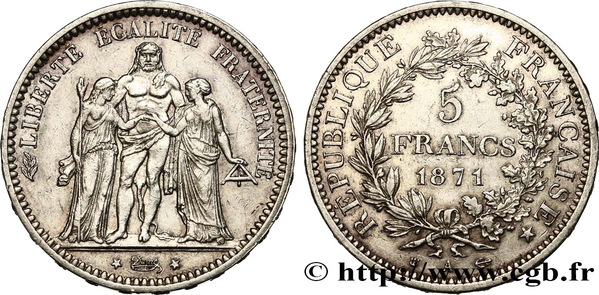 5 francs Hercule, dite “Camélinat” 1871 Paris F.334/4 XF45 