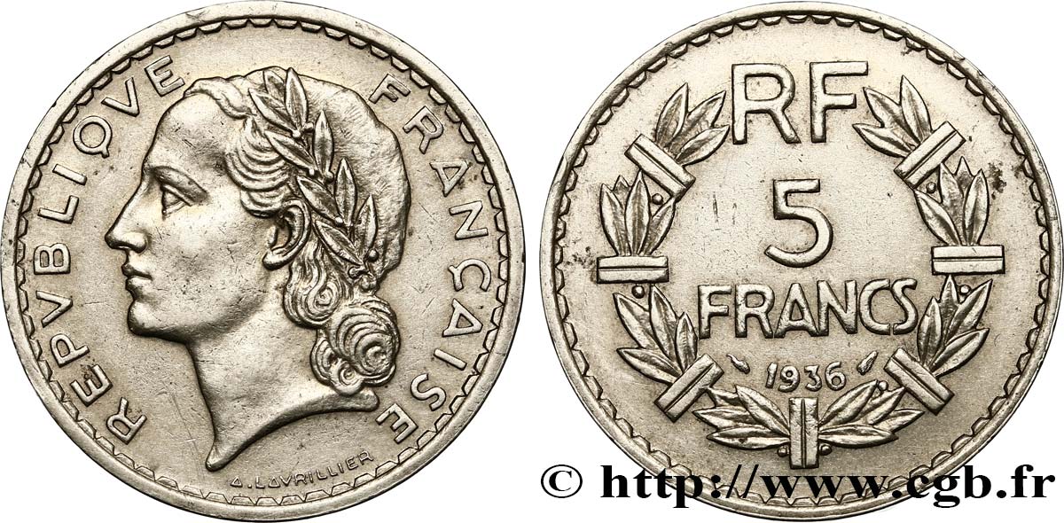 5 francs Lavrillier, nickel 1936  F.336/5 SS45 