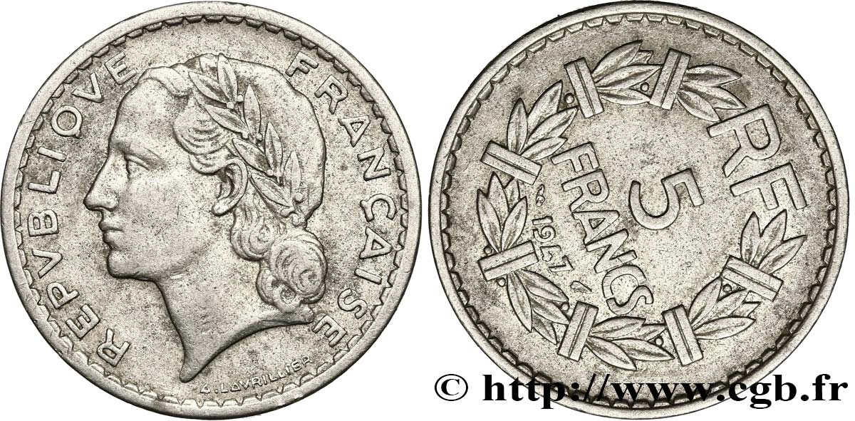 5 francs Lavrillier, aluminium, Coins Tournés à 2h30 1947  F.339/9 BC25 