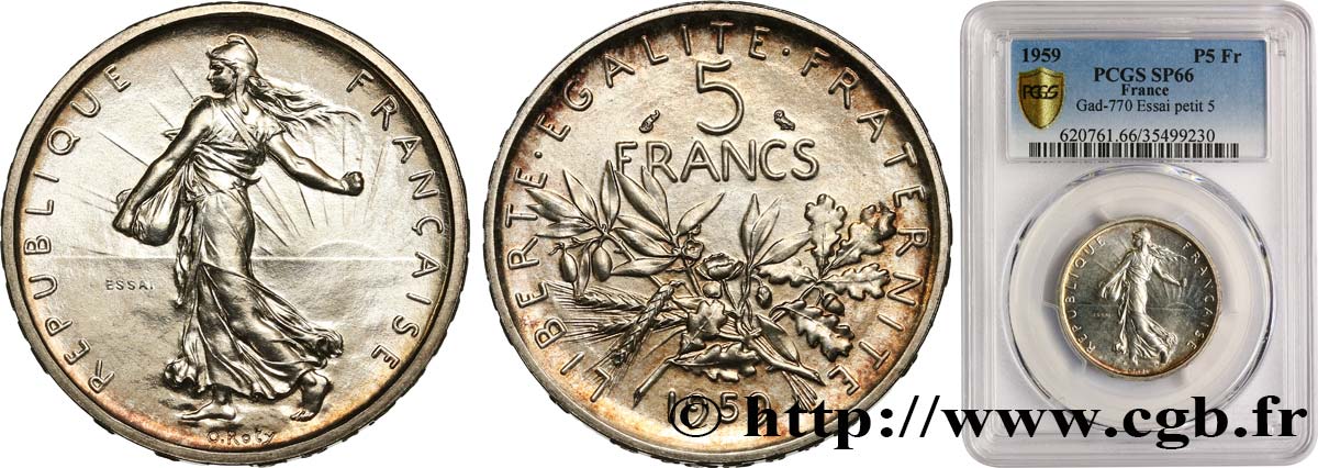 Essai de 5 francs Semeuse, argent, petit 5 1959 Paris F.340/2 FDC66 PCGS