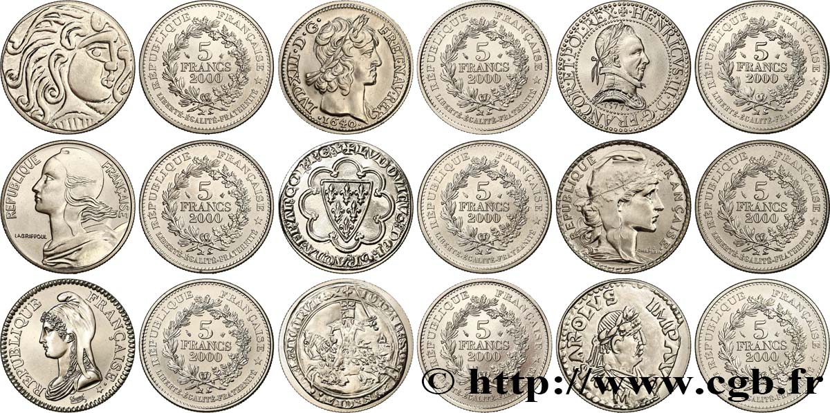 Série complète des 9 pièces de 5 francs “2000 ans de Monnaies Françaises” 2000  F.347/1 MS 