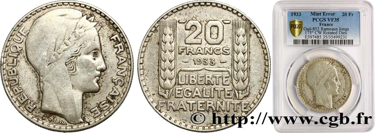 20 francs Turin, rameaux longs, frappe quasi MÉDAILLE 1933  F.400/5 var. VF35 PCGS