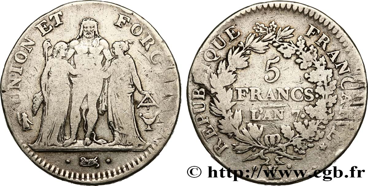5 francs Union et Force, Union desserré, avec glands intérieurs et gland extérieur 1799 Bordeaux F.291/23 BC20 