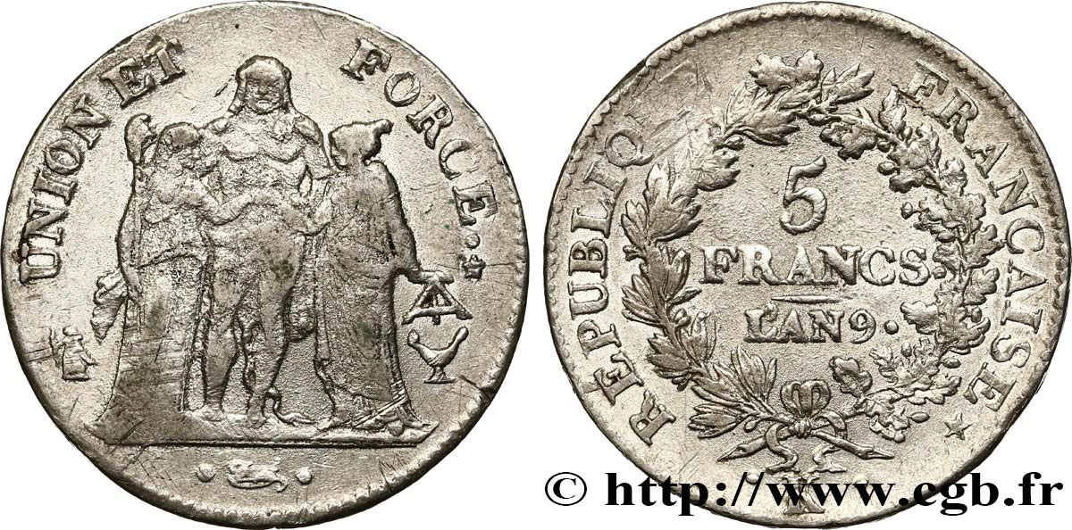 5 francs Union et Force, Union serré, avec glands intérieurs et gland extérieur 1801 Bordeaux F.288/159 MB 