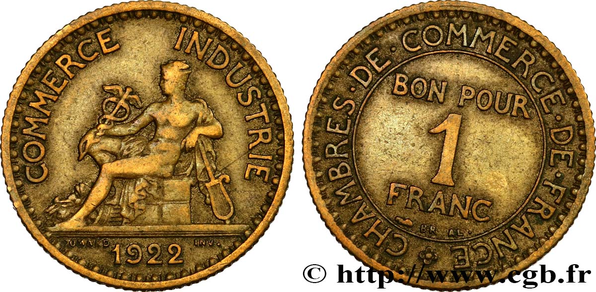 1 franc Chambres de Commerce, fautée frappe quasi médaille 1922 Paris F.218/4 var. S30 
