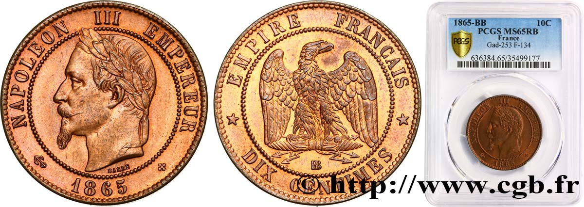 Dix centimes Napoléon III, tête laurée 1865 Strasbourg F.134/17 ST65 PCGS