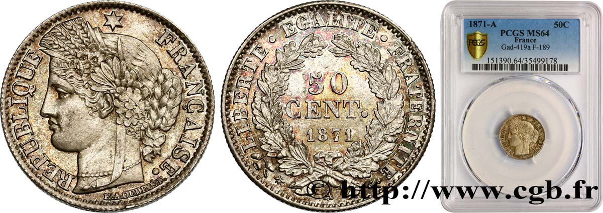 50 centimes Cérès, IIIe République 1871 Paris F.189/1 fST64 PCGS