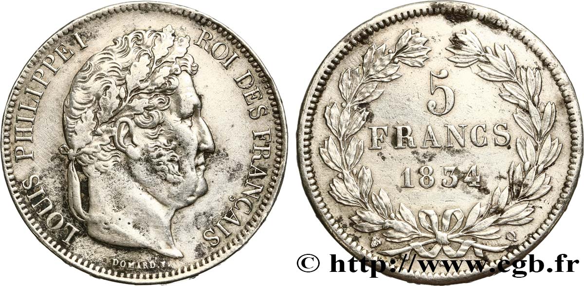 5 francs IIe type Domard 1834 Perpignan F.324/39 XF 