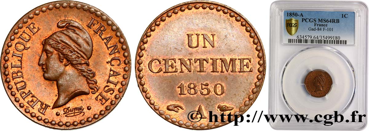 Un centime Dupré, IIe République 1850 Paris F.101/5 SC64 PCGS