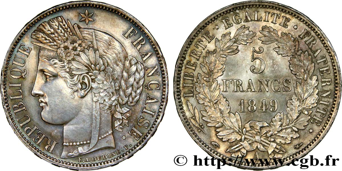 5 francs Cérès, IIe République 1849 Paris F.327/1 MS63 