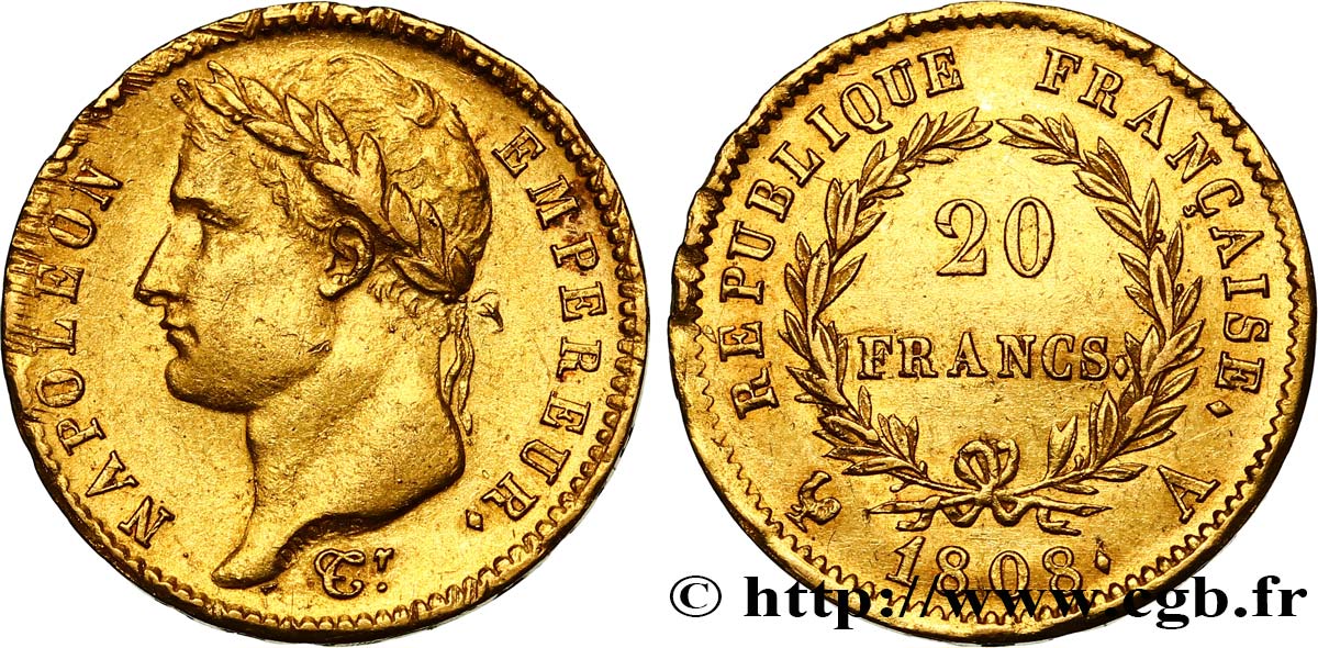 20 francs or Napoléon tête laurée, République française 1808 Paris F.515/2 BB52 