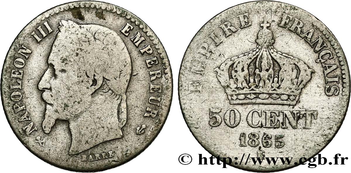 50 centimes Napoléon III, tête laurée 1865 Bordeaux F.188/8 RC10 
