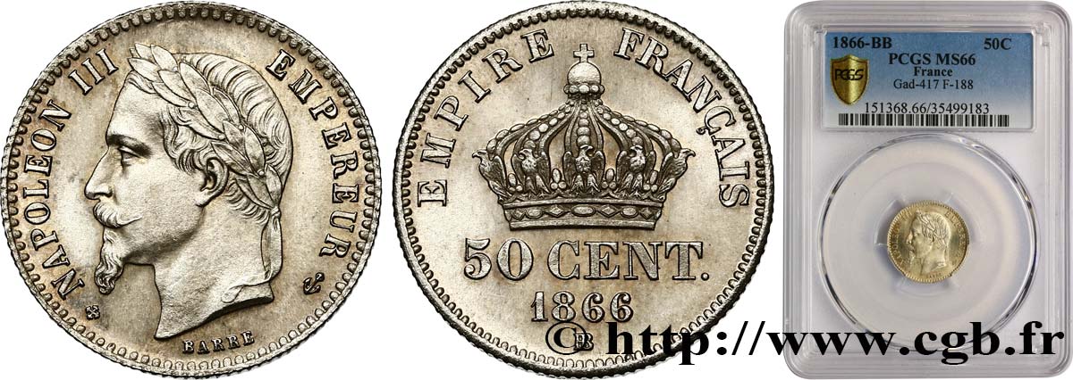 50 centimes Napoléon III, tête laurée 1866 Strasbourg F.188/10 MS66 PCGS
