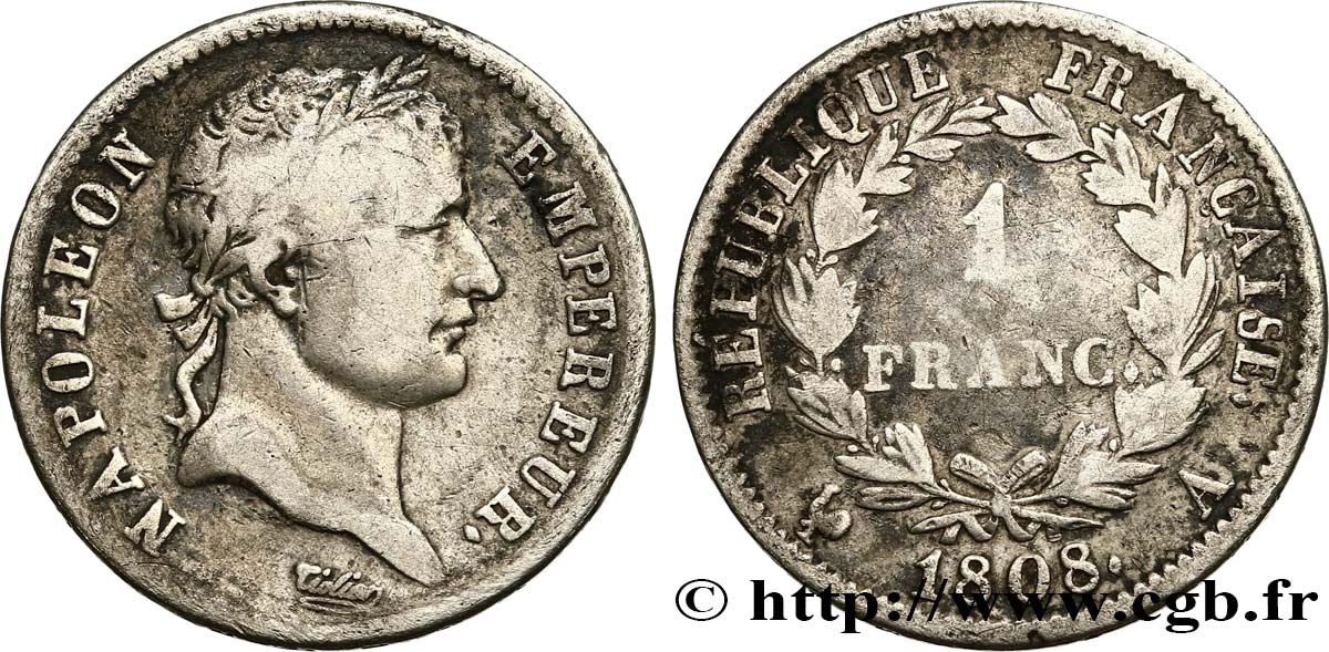 1 franc Napoléon Ier tête laurée, République française 1808 Paris F.204/2 TB25 