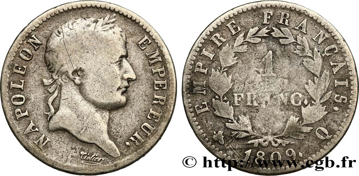 1 franc Napoléon Ier tête laurée, Empire français 1809 Perpignan F.205/9 TB15 