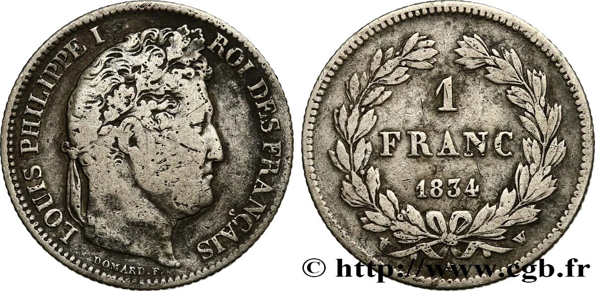 1 franc Louis-Philippe, couronne de chêne 1834 Lille F.210/39 TB20 