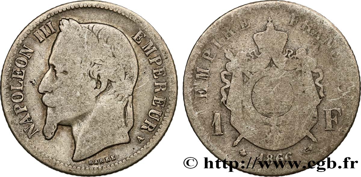 1 franc Napoléon III, tête laurée 1866 Paris F.215/3 RC 