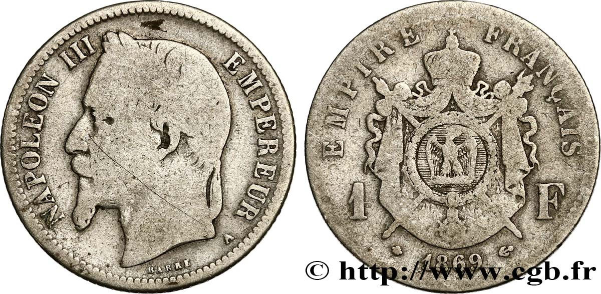 1 franc Napoléon III, tête laurée 1869 Paris F.215/14 SGE10 
