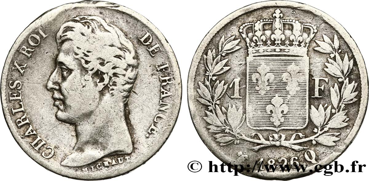 1 franc Charles X, matrice du revers à cinq feuilles 1826 Perpignan F.207/22 TB 