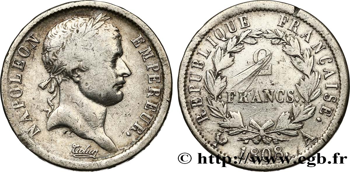 2 francs Napoléon Ier tête laurée, République française 1808 Paris F.254/4 VF 