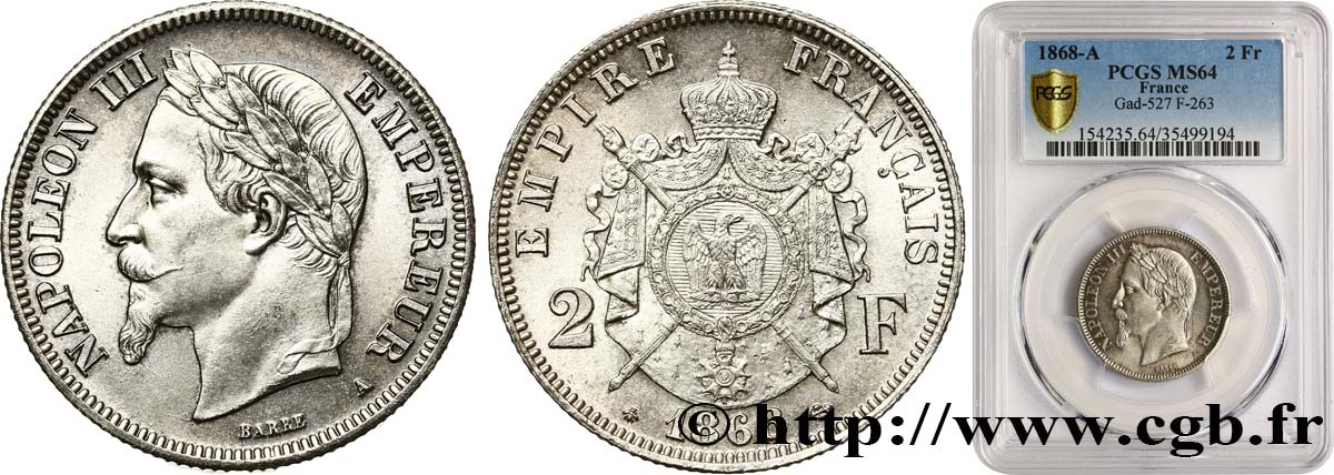 2 francs Napoléon III, tête laurée 1868 Paris F.263/8 MS64 PCGS