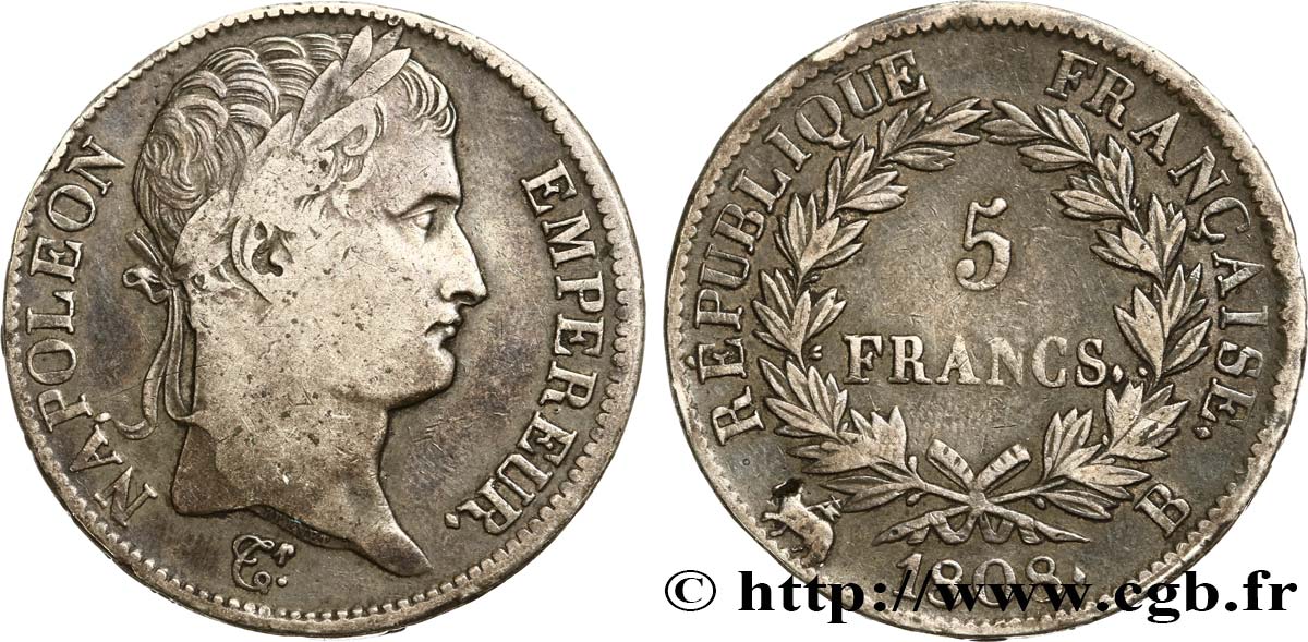 5 francs Napoléon empereur, République française 1808 Rouen F.306/3 VF35 