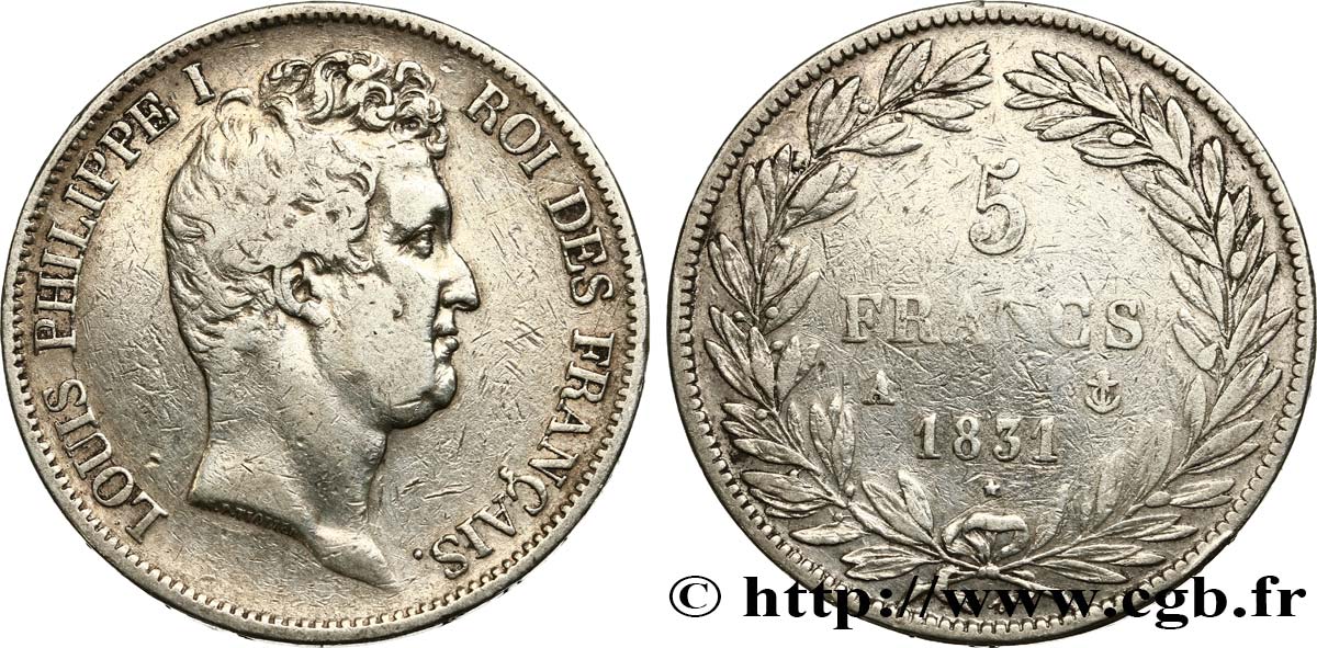 5 francs type Tiolier avec le I, tranche en creux 1831 Paris F.315/14 VF30 