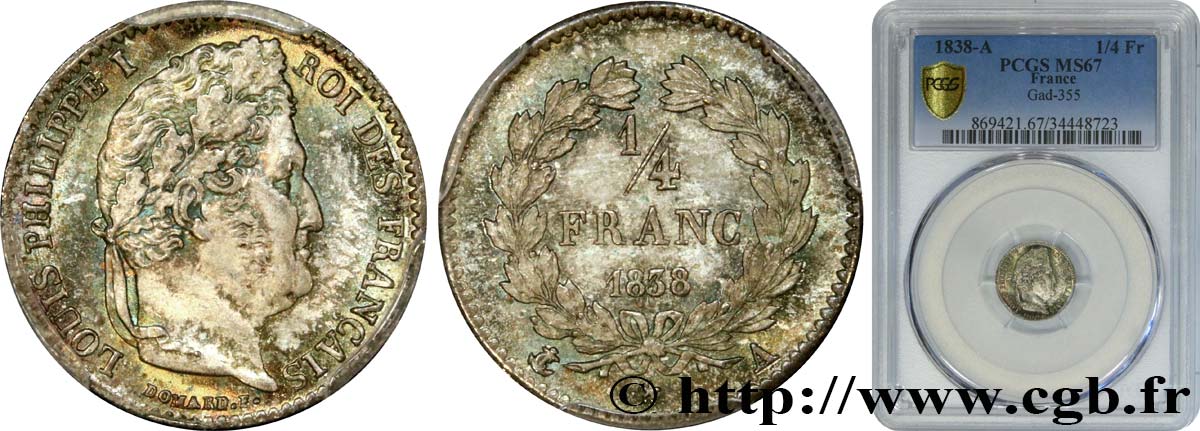 1/4 franc Louis-Philippe 1838 Paris F.166/69 ST67 PCGS