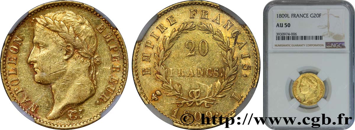 20 francs or Napoléon, tête laurée, Empire français 1809 Bayonne F.516/4 SS50 NGC