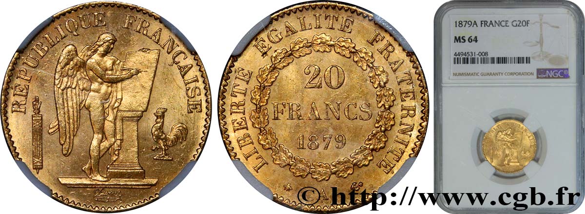20 francs or Génie, Troisième République 1879 Paris F.533/7 SC64 NGC
