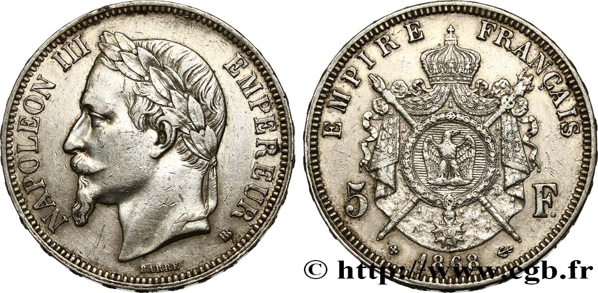 5 francs Napoléon III, tête laurée 1868 Strasbourg F.331/13 TTB45 