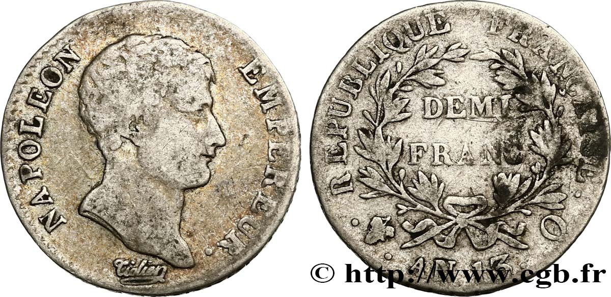 Demi-franc Napoléon Empereur, Calendrier révolutionnaire 1805 Perpignan F.174/23 TB25 