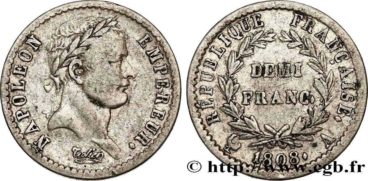 Demi-franc Napoléon Ier tête laurée, République française 1808 Paris F.177/2 XF45 