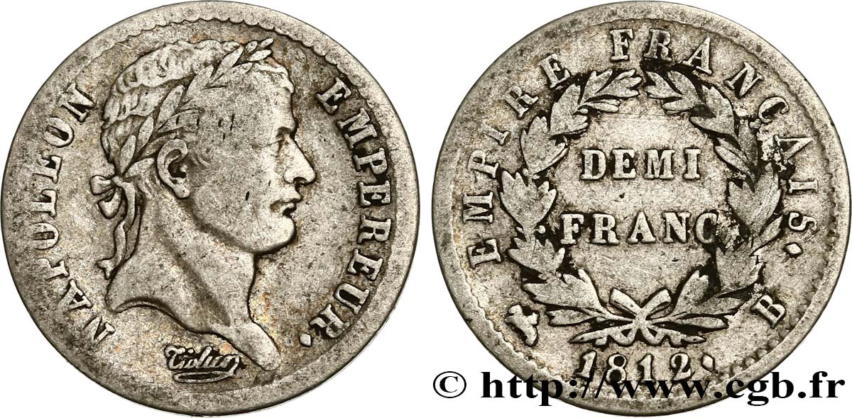 Demi-franc Napoléon Ier tête laurée, Empire français 1812 Rouen F.178/36 BC25 
